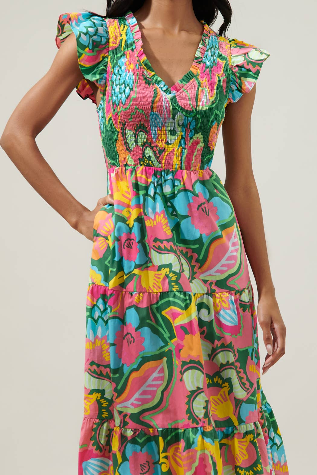 Lanai Multi Tropics Sunfire Smocked Bodice Tiered Midi Dress