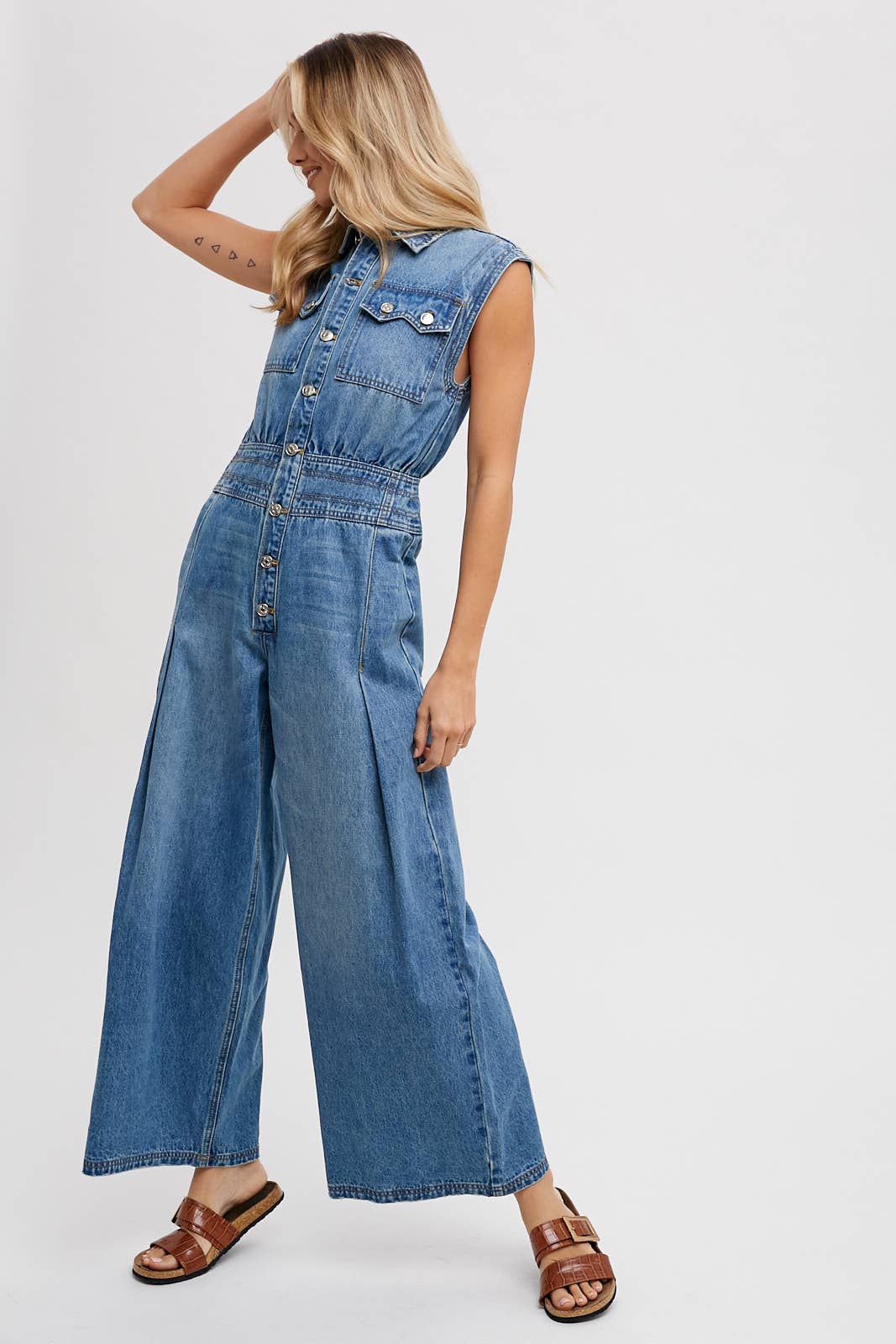 Denim Sleeveless Shirt Jumpsuit