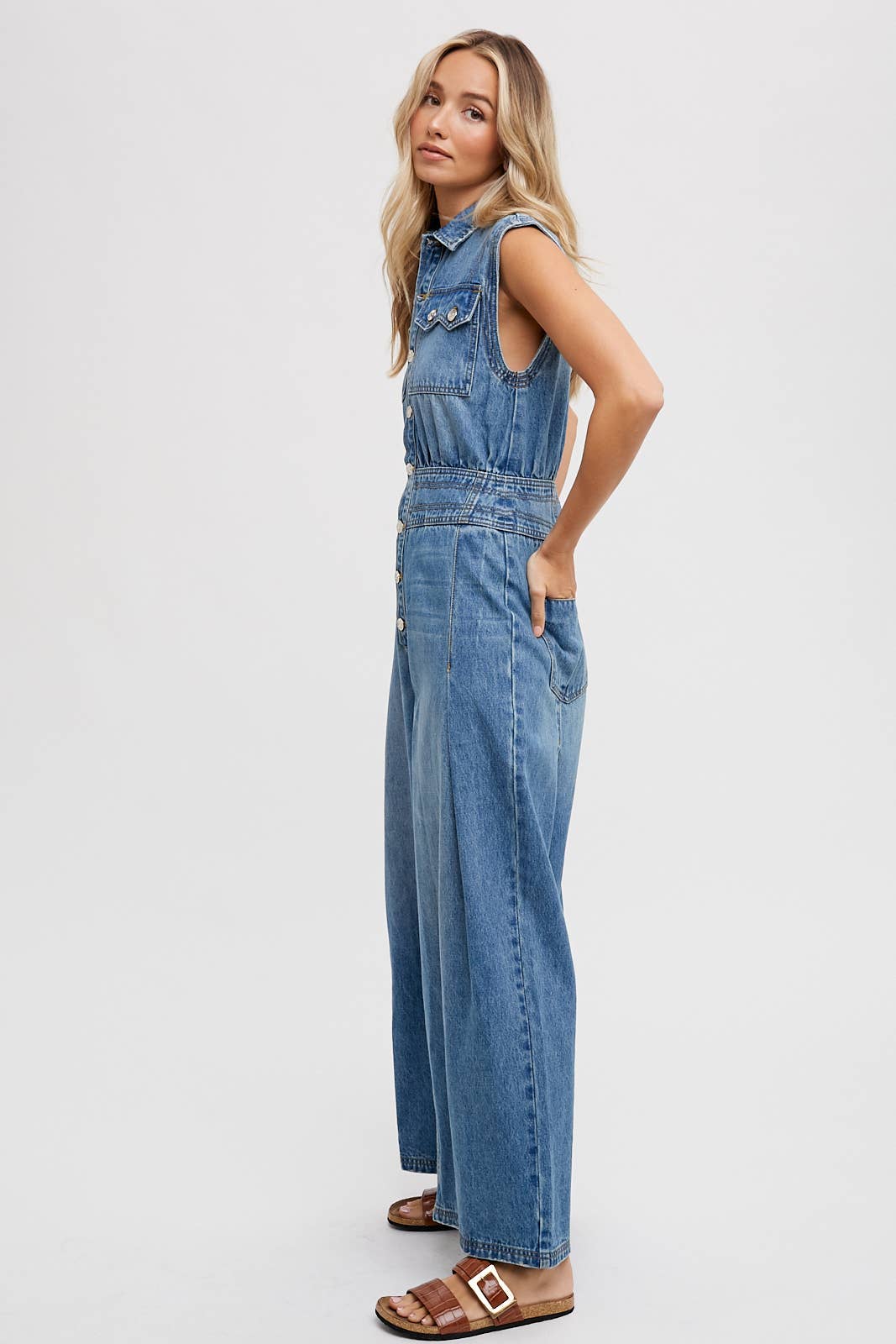 Denim Sleeveless Shirt Jumpsuit