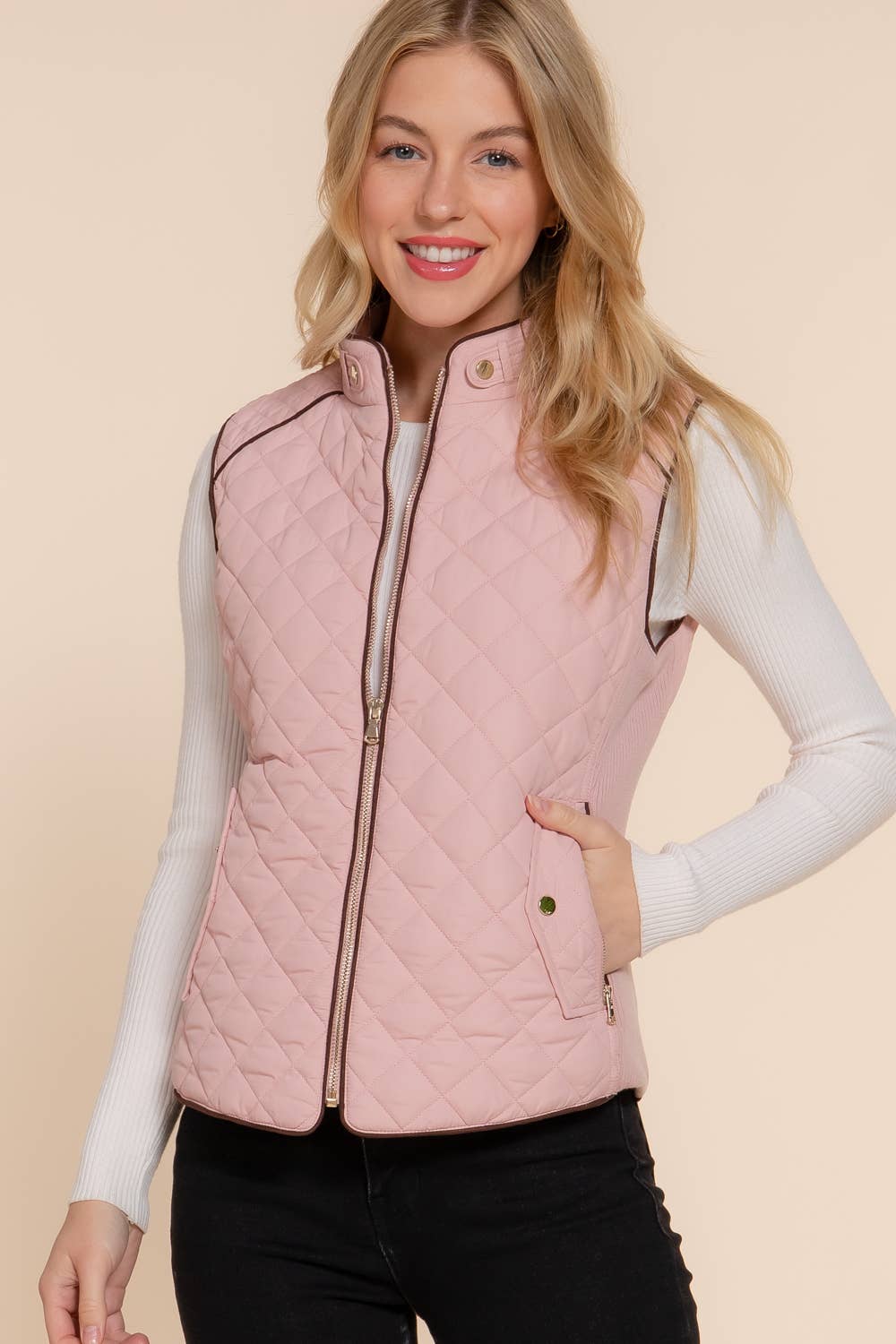 Suede-Trimmed Quilted Vest with Ribbed Sides