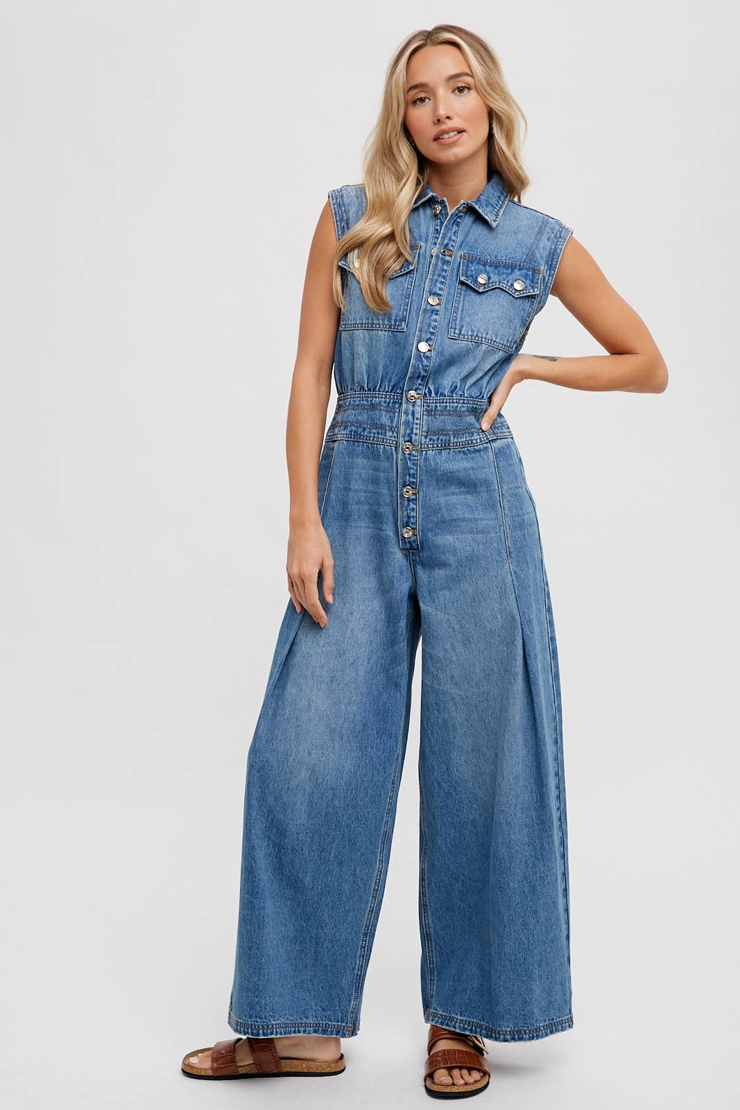 Denim Sleeveless Shirt Jumpsuit