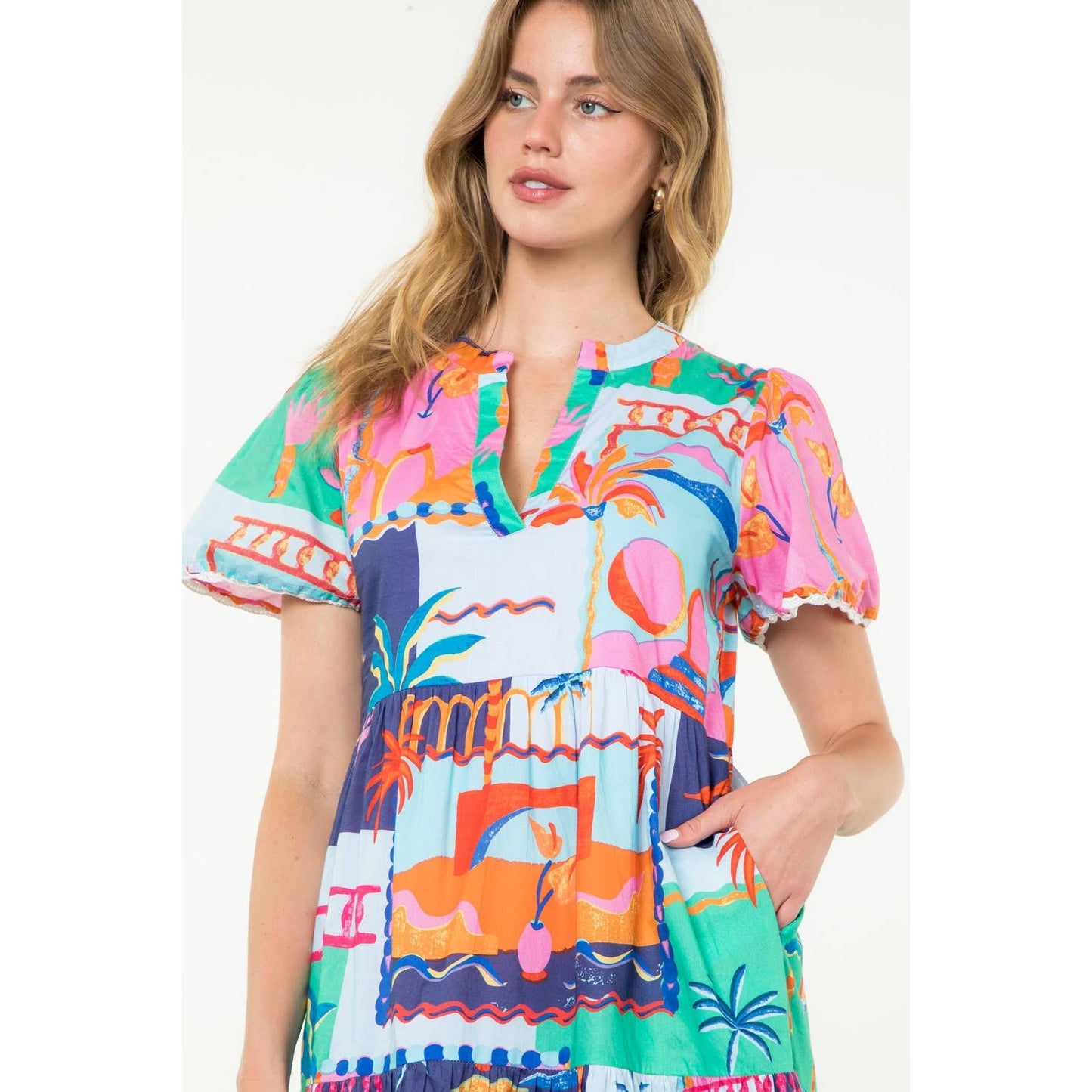 Short Sleeve Multi Color Print Dress