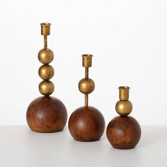 Sm Gold & Wood Orb Candleholder