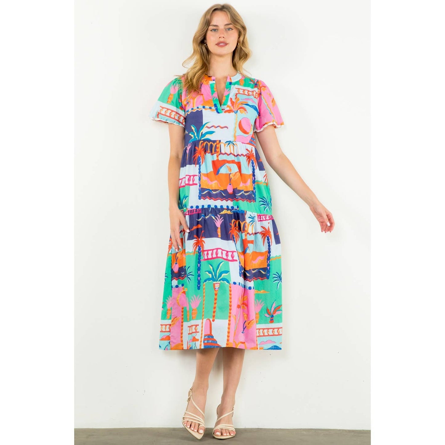 Short Sleeve Multi Color Print Dress