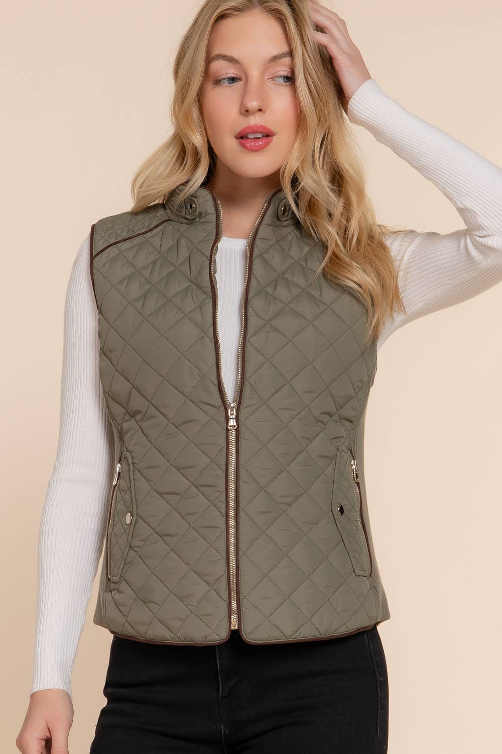 Suede-Trimmed Quilted Vest with Ribbed Sides