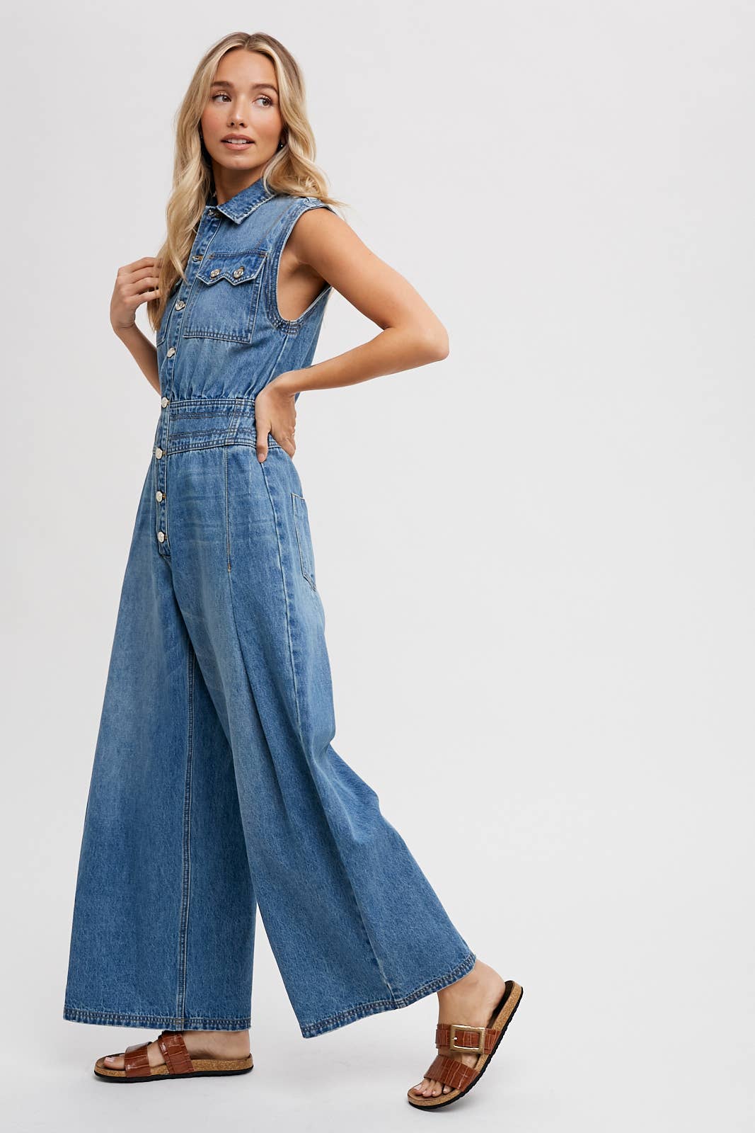 Denim Sleeveless Shirt Jumpsuit