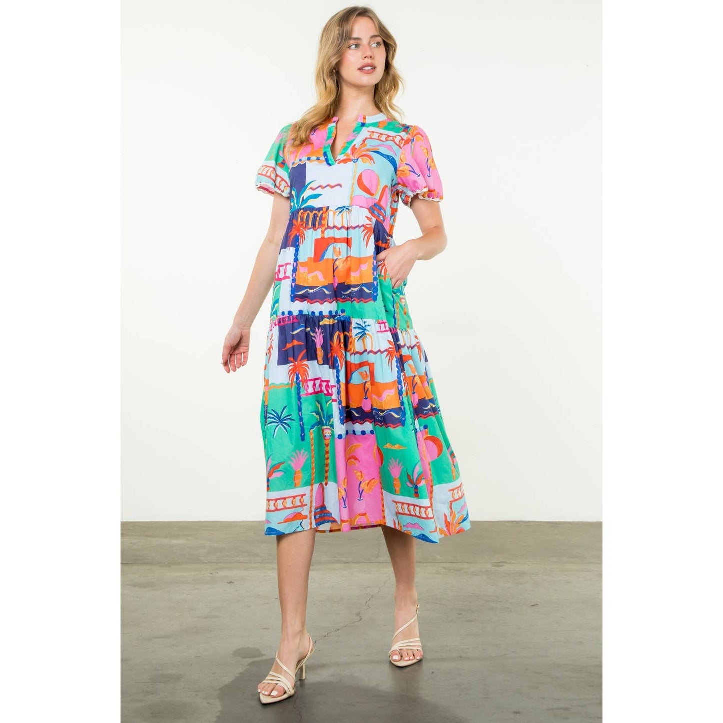 Short Sleeve Multi Color Print Dress