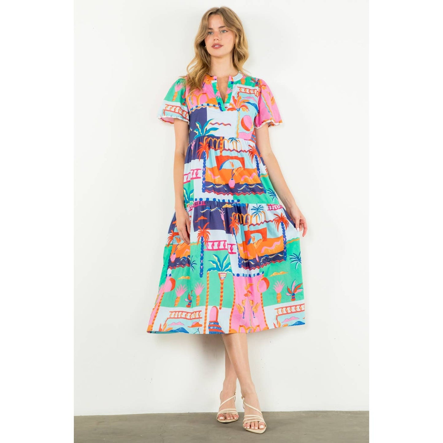 Short Sleeve Multi Color Print Dress