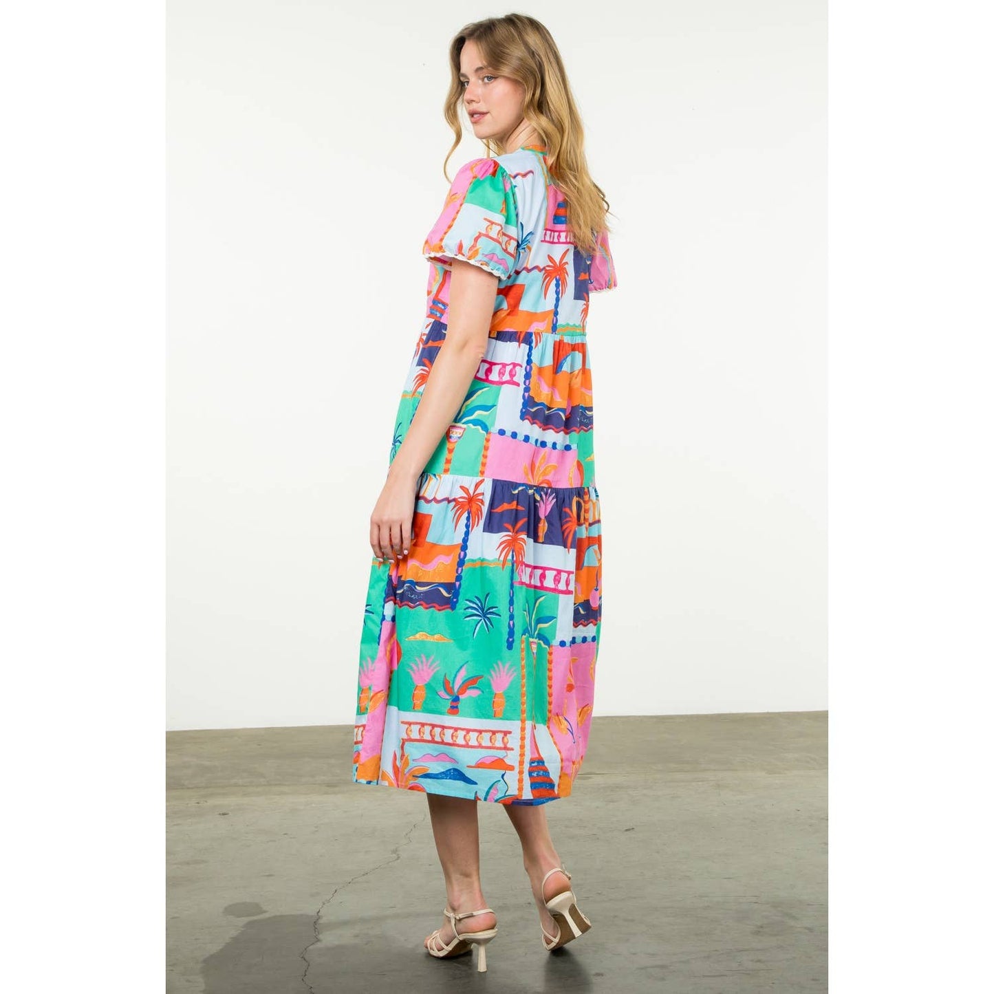 Short Sleeve Multi Color Print Dress