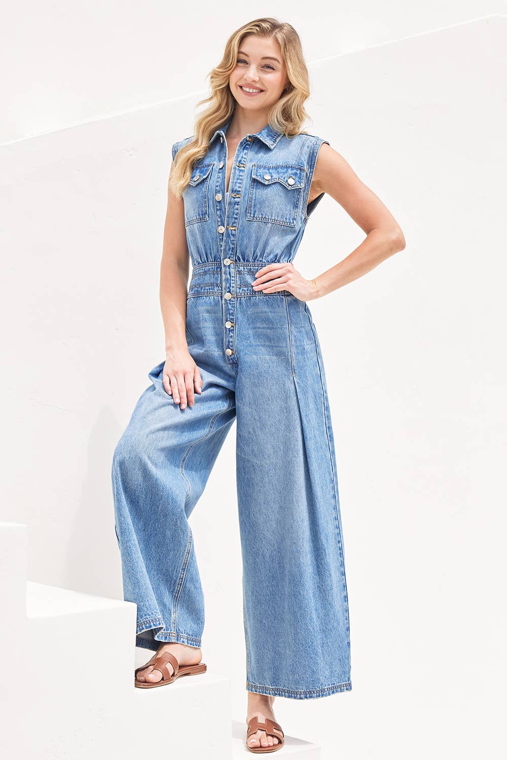 Denim Sleeveless Shirt Jumpsuit