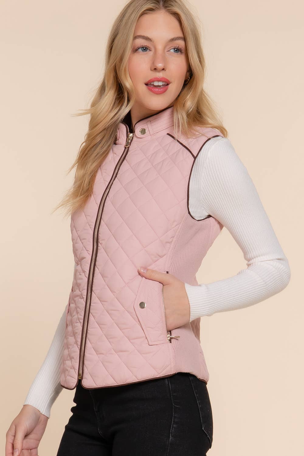 Suede-Trimmed Quilted Vest with Ribbed Sides