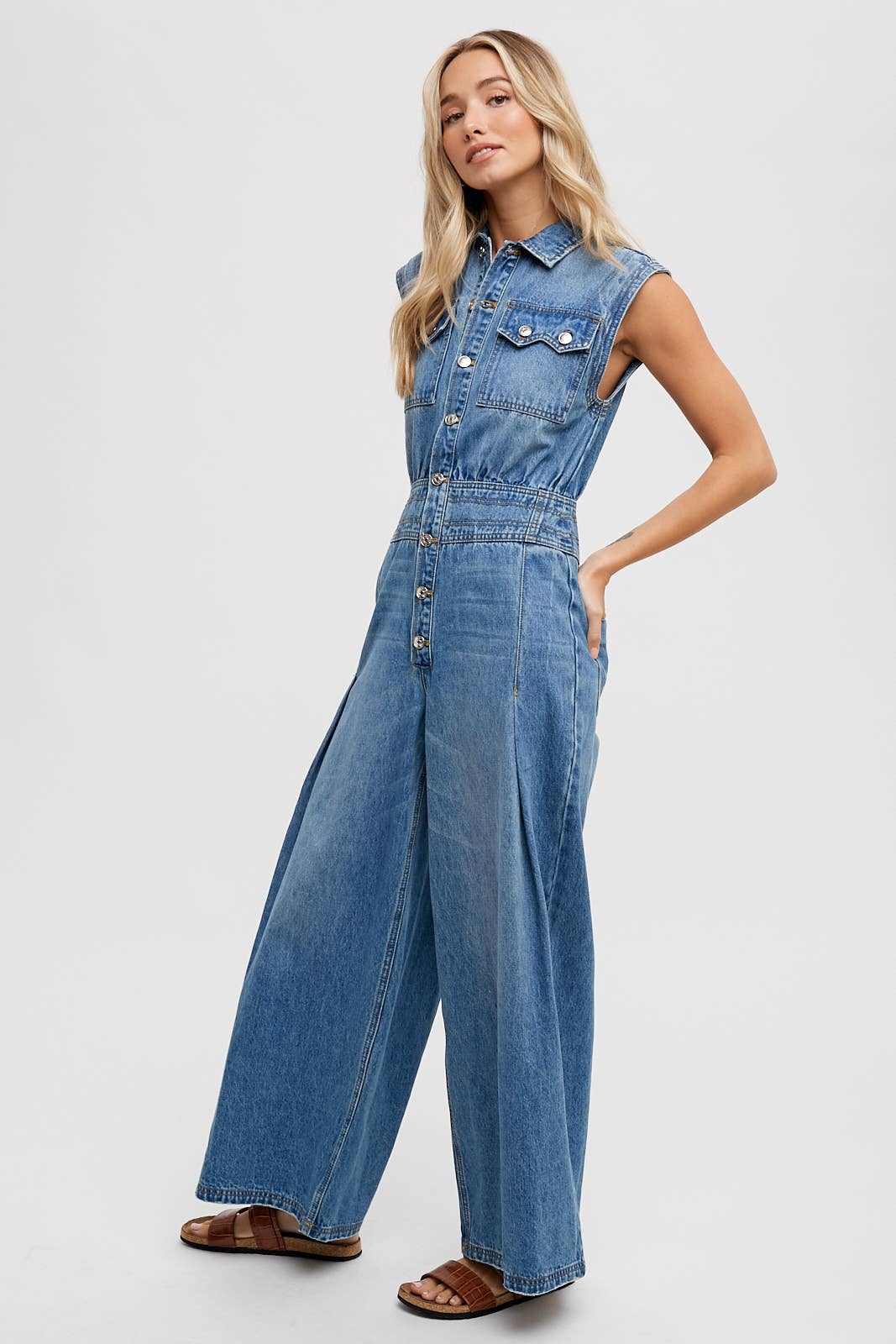 Denim Sleeveless Shirt Jumpsuit