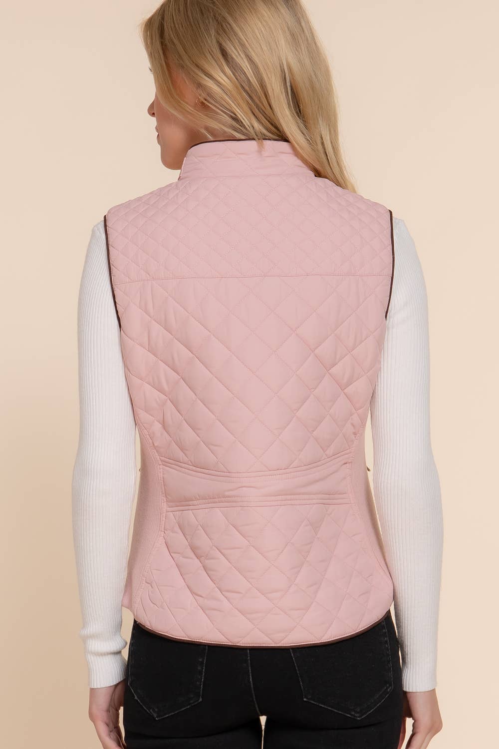 Suede-Trimmed Quilted Vest with Ribbed Sides