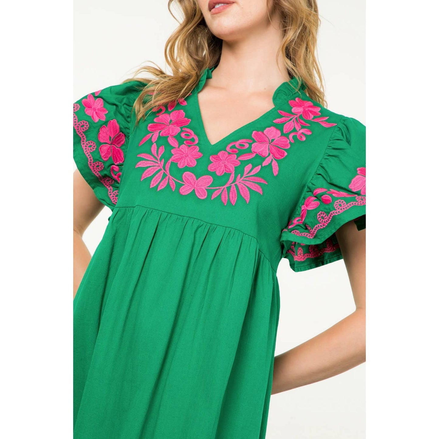 Flutter Sleeve Embroidered Detail Dress