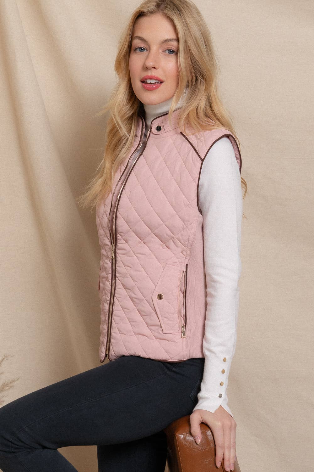 Suede-Trimmed Quilted Vest with Ribbed Sides