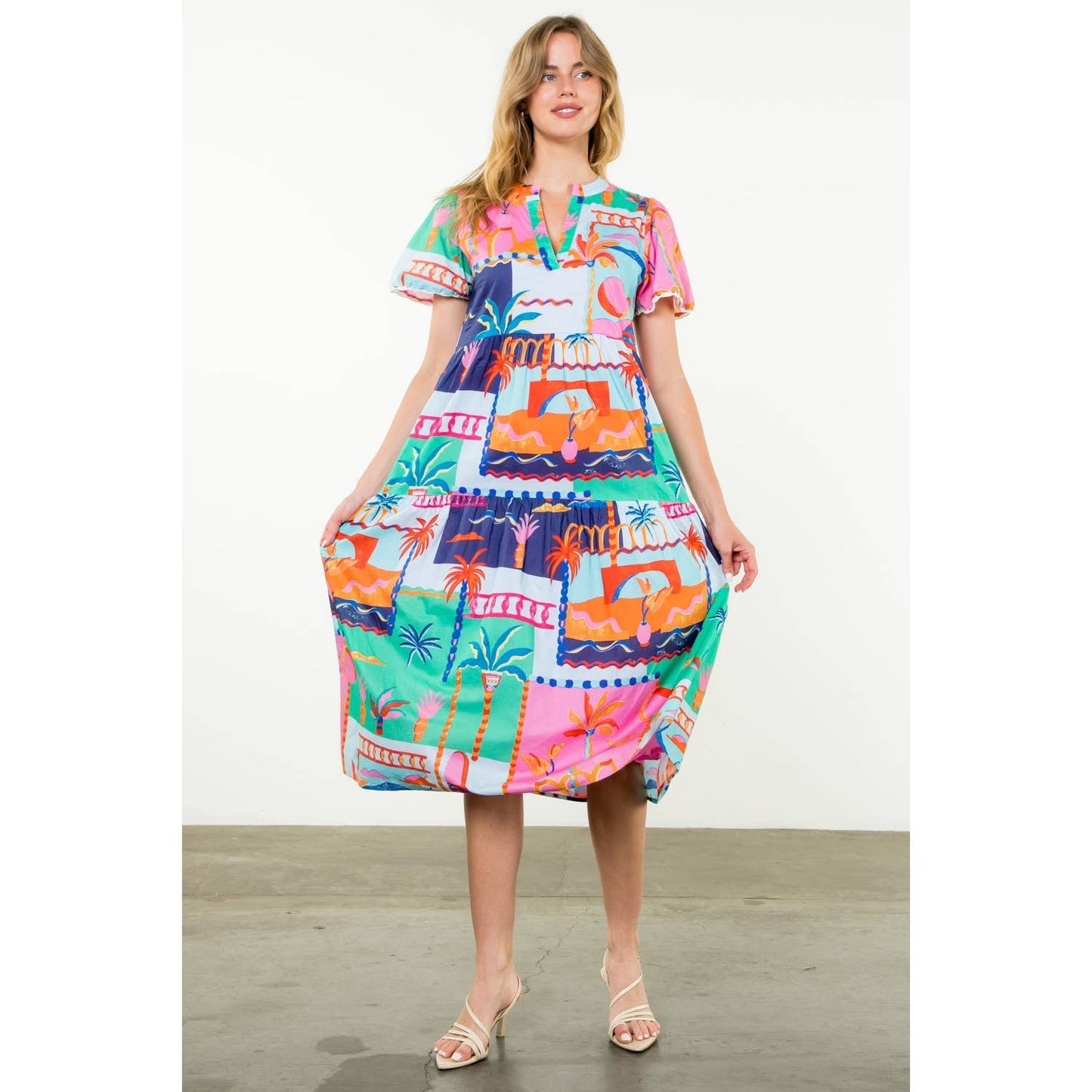 Short Sleeve Multi Color Print Dress