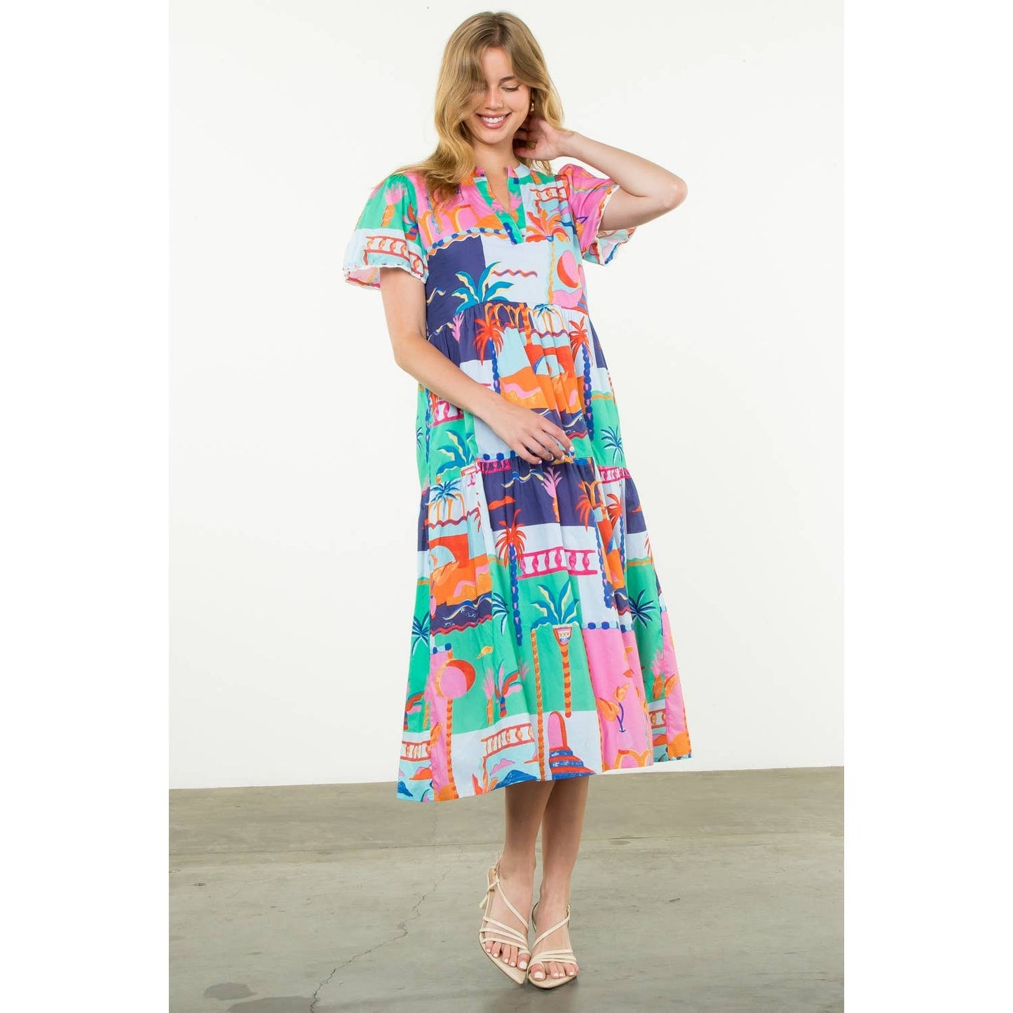 Short Sleeve Multi Color Print Dress