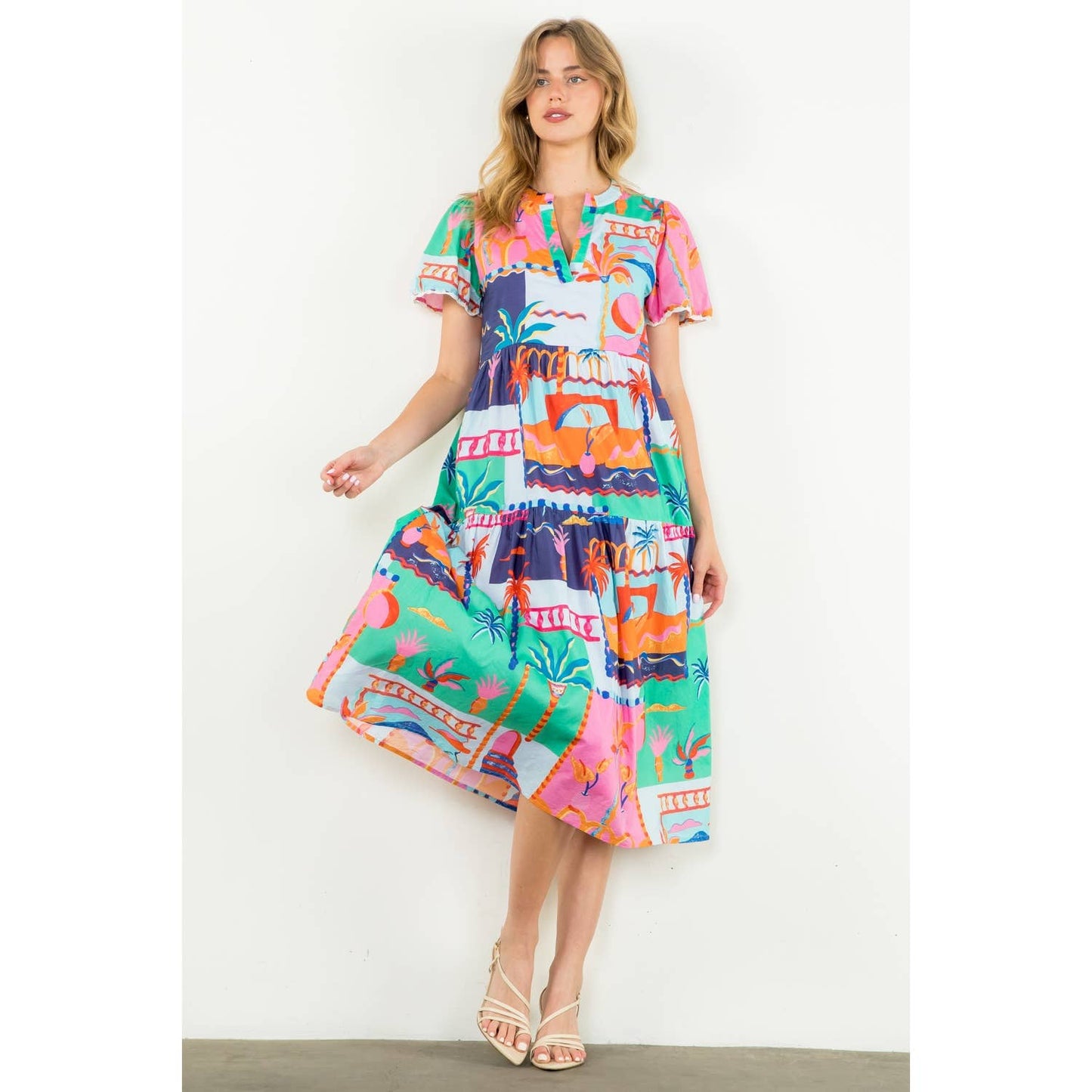 Short Sleeve Multi Color Print Dress