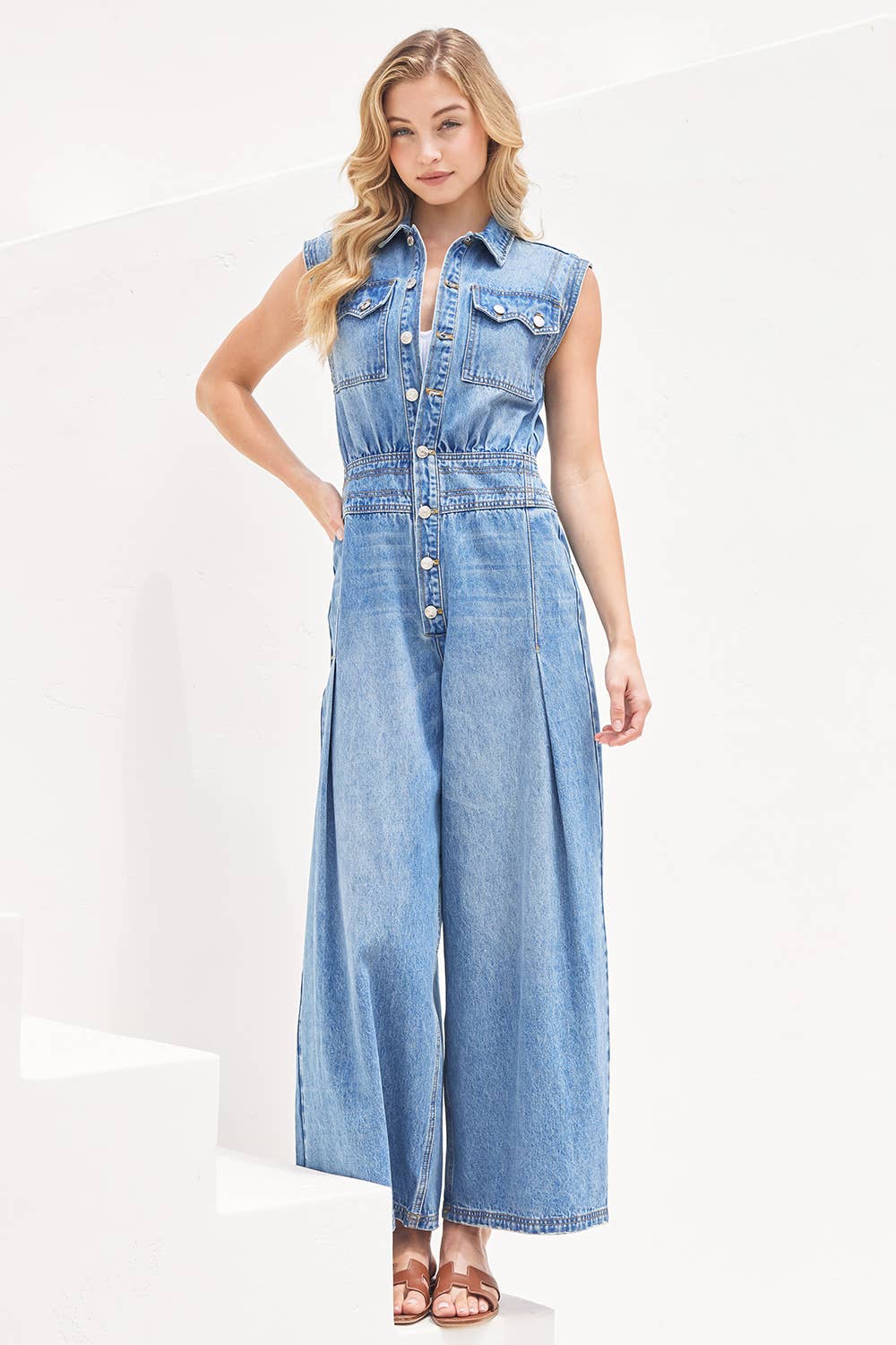 Denim Sleeveless Shirt Jumpsuit