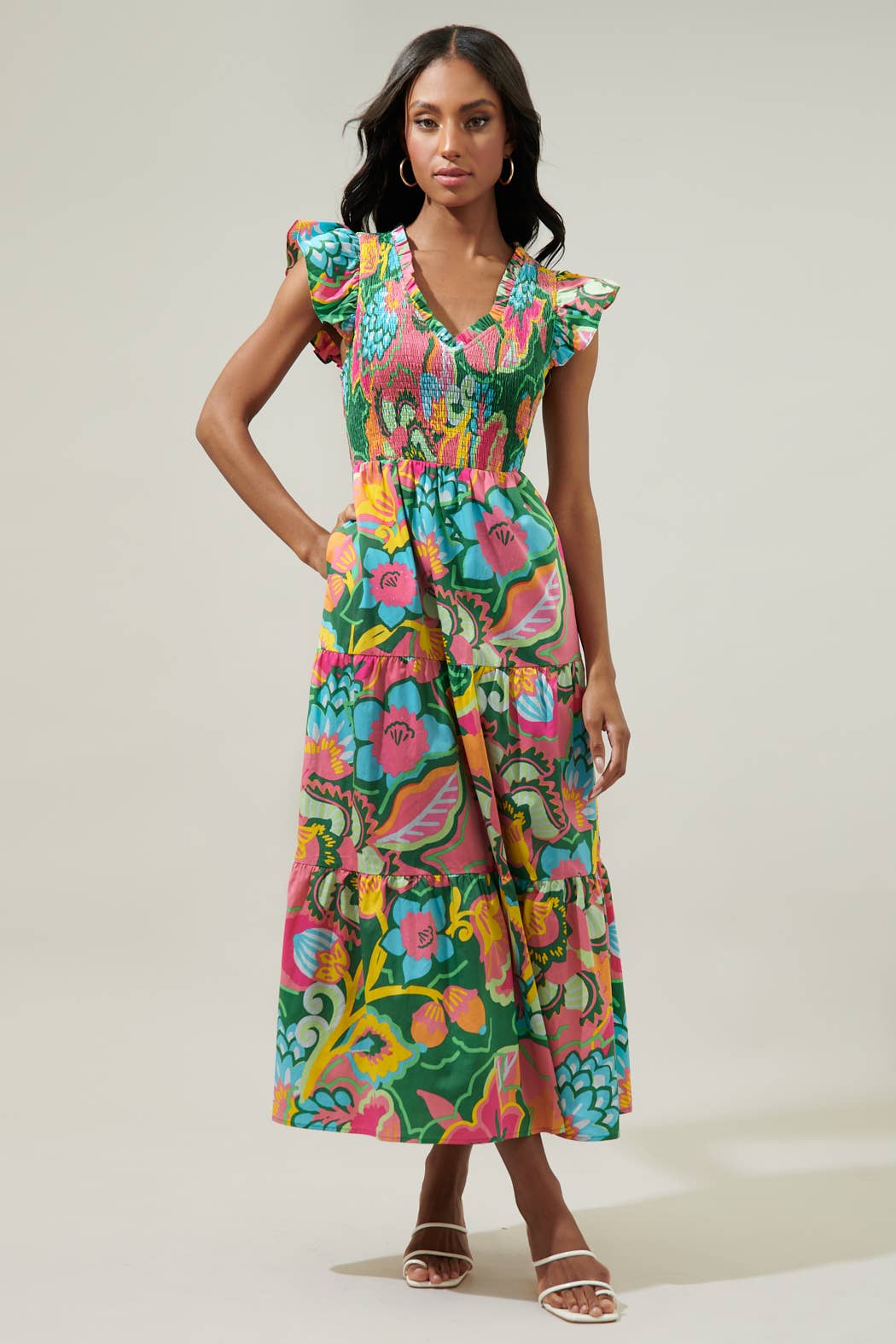 Lanai Multi Tropics Sunfire Smocked Bodice Tiered Midi Dress