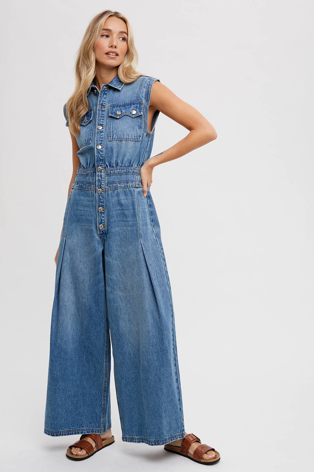 Denim Sleeveless Shirt Jumpsuit