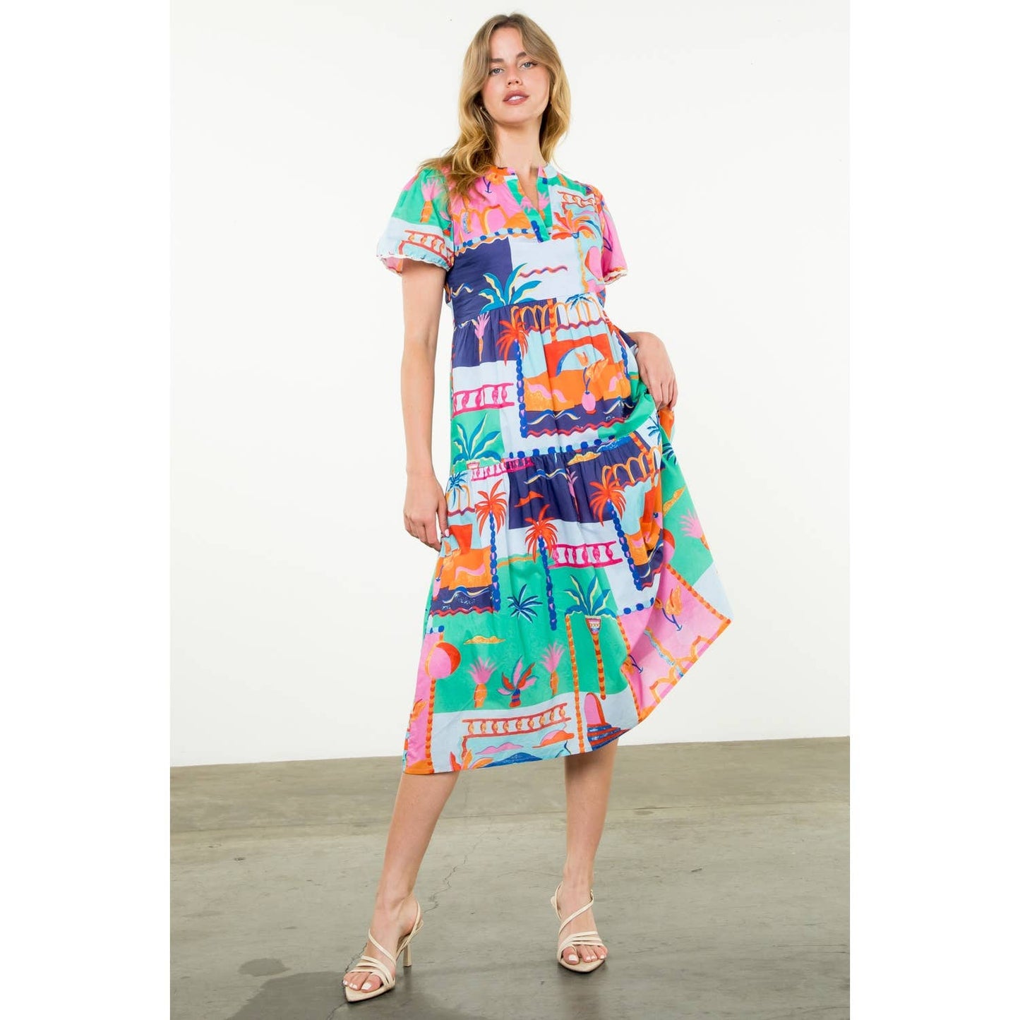 Short Sleeve Multi Color Print Dress