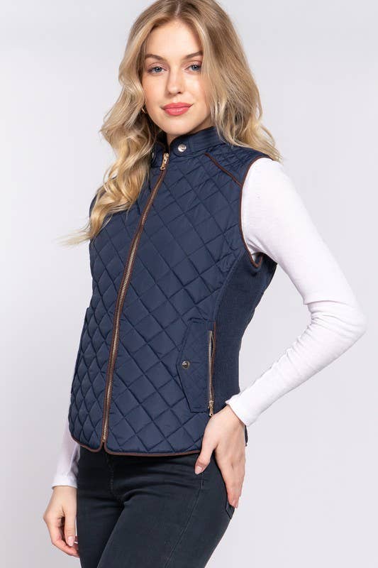 Suede-Trimmed Quilted Vest with Ribbed Sides