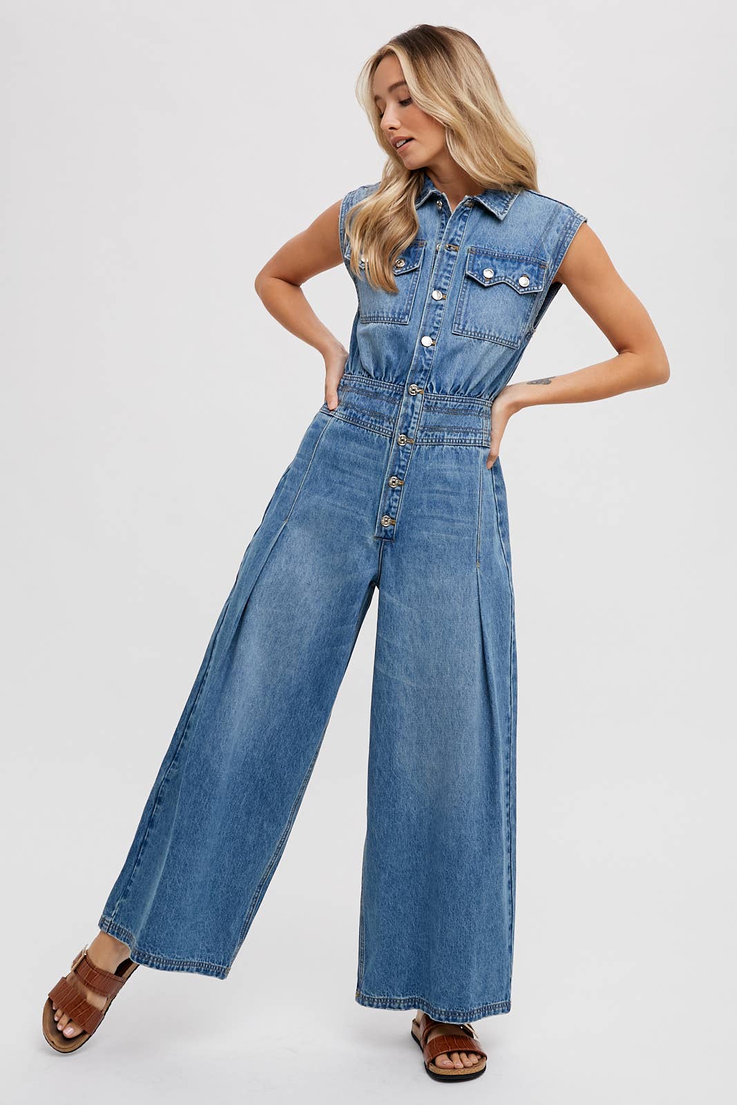 Denim Sleeveless Shirt Jumpsuit