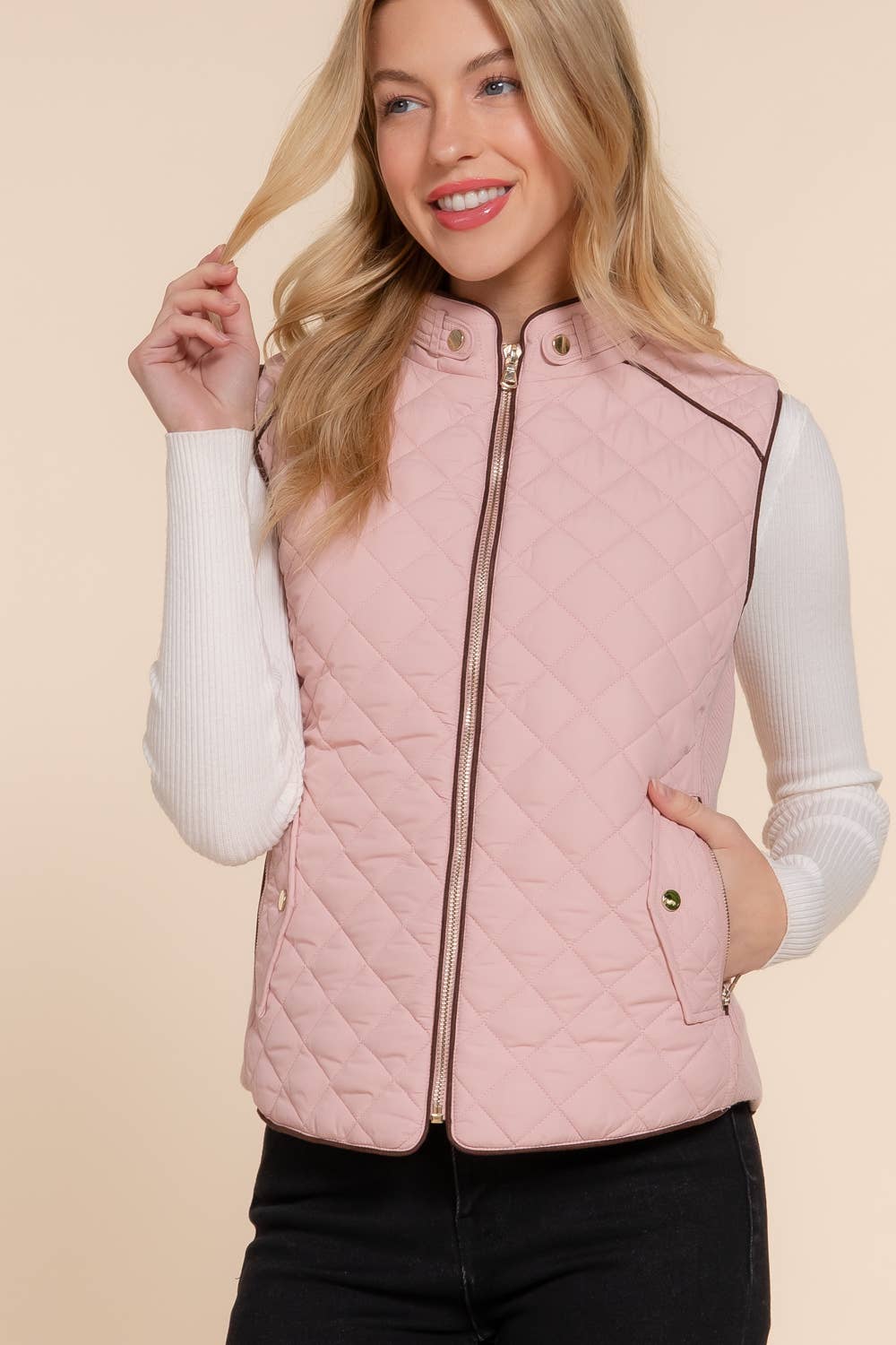 Suede-Trimmed Quilted Vest with Ribbed Sides