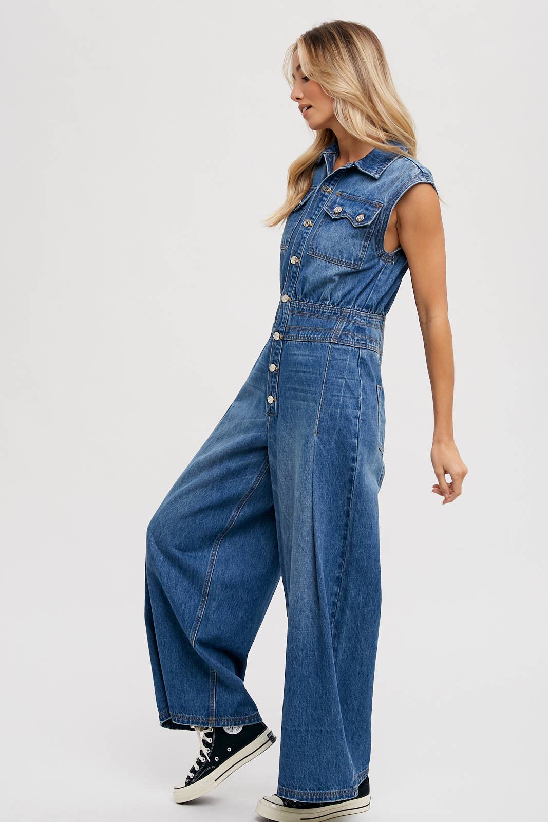 Denim Sleeveless Shirt Jumpsuit