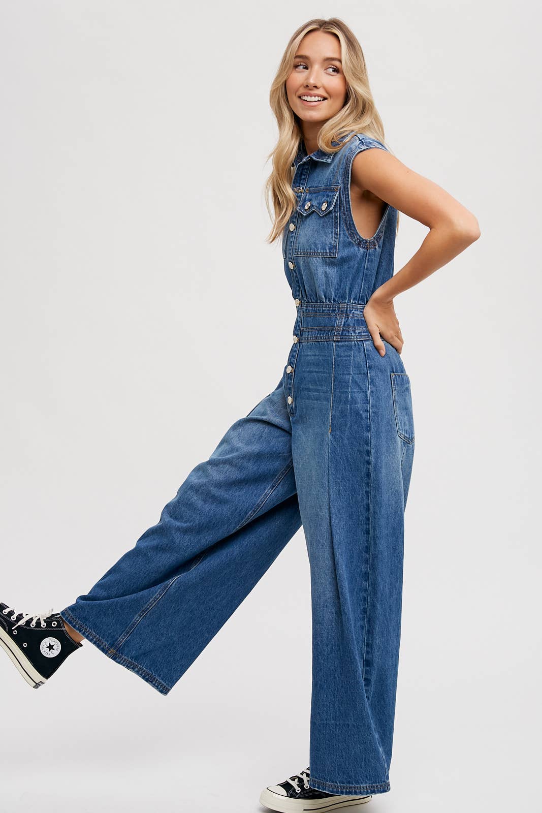 Denim Sleeveless Shirt Jumpsuit