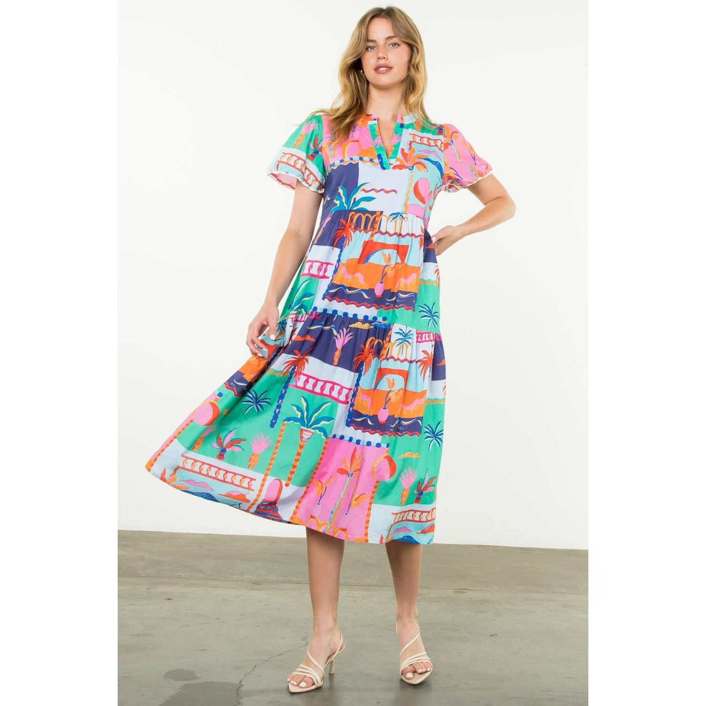 Short Sleeve Multi Color Print Dress